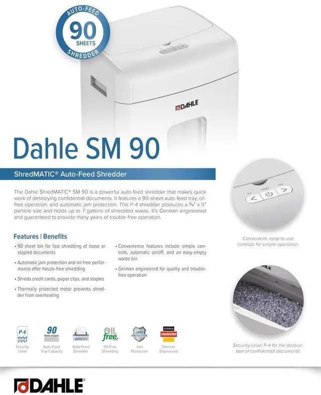 Alt view image 6 of 7 - ShredMATIC SM 90 Auto-Feed Paper Shredder, Cross Cut, 90 Sheet Feed Tray, German Engineered, Jam Protection, Oil Free, SmartPower, P-4 Security, Shreds Staples/Paper Clips/Credit Cards