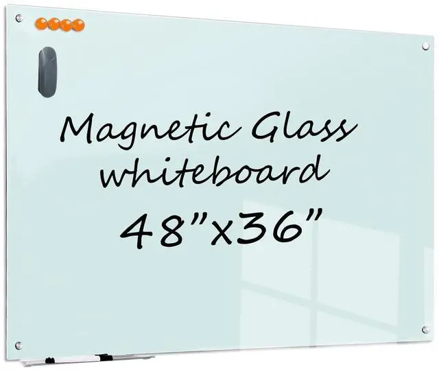 Main image of Glass Dry Erase White Board - 48 x 36 Inches Magnetic Glass Whiteboard for Wall Mounted, 4' x 3' Frameless Boards for Classroom Home, Office Supplies