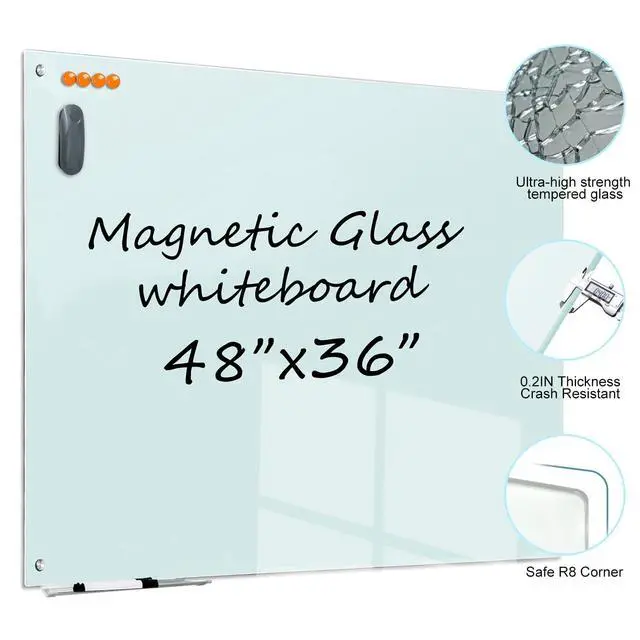 Alt view image 3 of 7 - Glass Dry Erase White Board - 48 x 36 Inches Magnetic Glass Whiteboard for Wall Mounted, 4' x 3' Frameless Boards for Classroom Home, Office Supplies