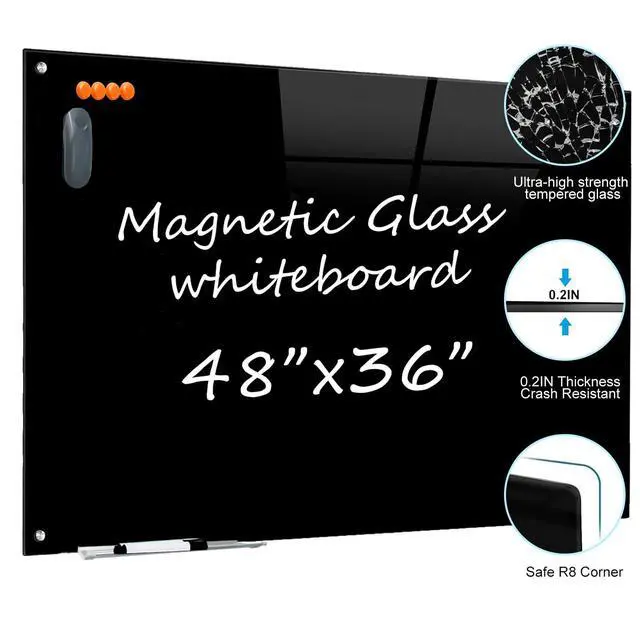 Alt view image 3 of 7 - Glass Dry Erase Black Board - Magnetic Blackboard 48"X36" Frameless Whiteboard Clear Glass Boards with Super Strong Magnets, Wall Mounted for Office, Classroom and Home