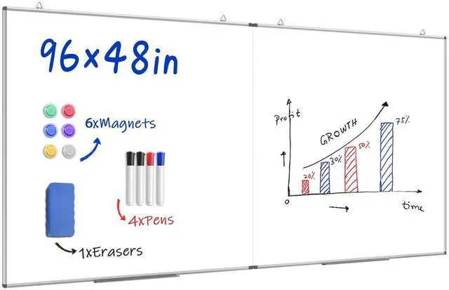 Main image of 96"X 48" Large Magnetic Dry Erase Whiteboard, Removable Wall Hanging Board with 4 Pens & 1 Dry Erasers & 6 Magnets, Sliver Aluminum Frame White