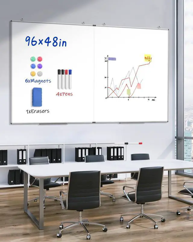 Alt view image 2 of 7 - 96"X 48" Large Magnetic Dry Erase Whiteboard, Removable Wall Hanging Board with 4 Pens & 1 Dry Erasers & 6 Magnets, Sliver Aluminum Frame White