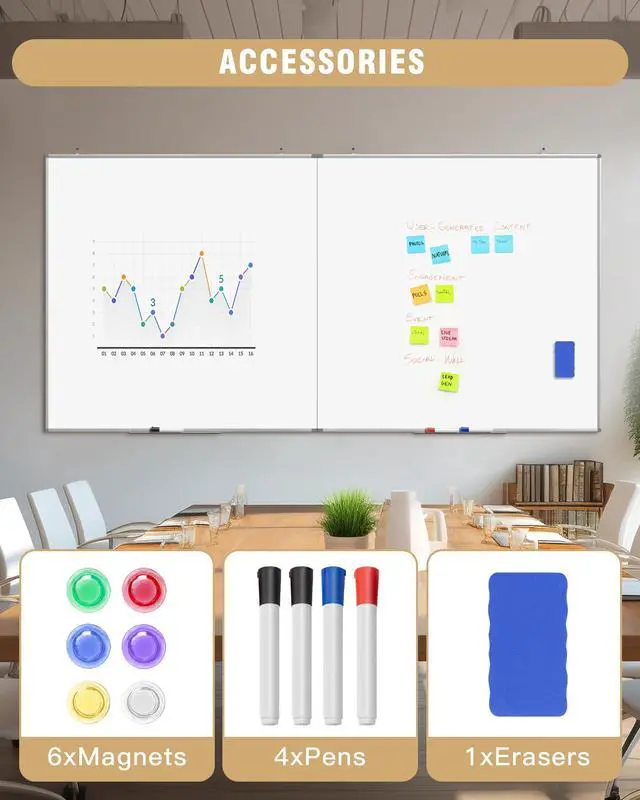 Alt view image 5 of 7 - 96"X 48" Large Magnetic Dry Erase Whiteboard, Removable Wall Hanging Board with 4 Pens & 1 Dry Erasers & 6 Magnets, Sliver Aluminum Frame White