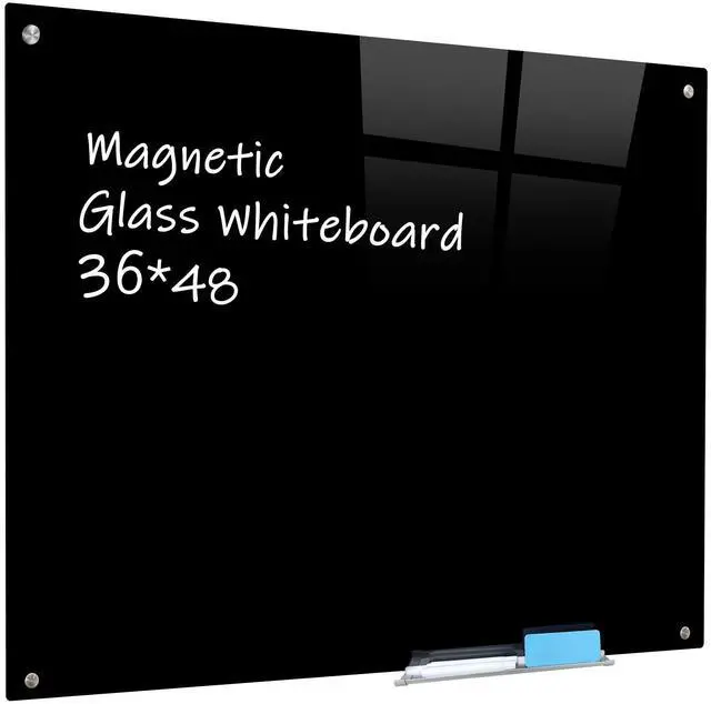 Main image of Magnetic Black Glass Board with Eraser Frameless Tempered Glass Dry Erase Blackboard with Marker Tray for Interactive Office, Wall Mounted Frosted Black Glass Board, 48" x 36"