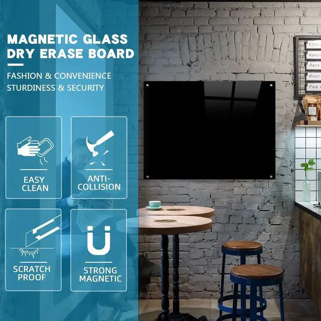 Alt view image 6 of 6 - Magnetic Black Glass Board with Eraser Frameless Tempered Glass Dry Erase Blackboard with Marker Tray for Interactive Office, Wall Mounted Frosted Black Glass Board, 48" x 36"