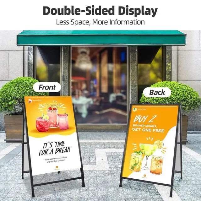 Alt view image 2 of 7 - 2 Pack Heavy Duty A-Frame Sidewalk Sign 24 x 36 Inch, Portable Double-Sided Sandwich Board Slide-in Folding Metal Signboard with 4 Plastic Poster Boards