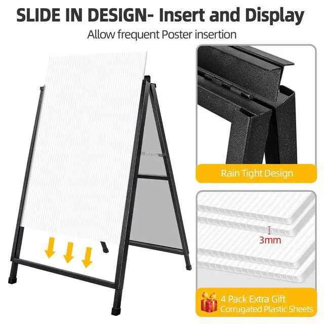 Alt view image 4 of 7 - 2 Pack Heavy Duty A-Frame Sidewalk Sign 24 x 36 Inch, Portable Double-Sided Sandwich Board Slide-in Folding Metal Signboard with 4 Plastic Poster Boards