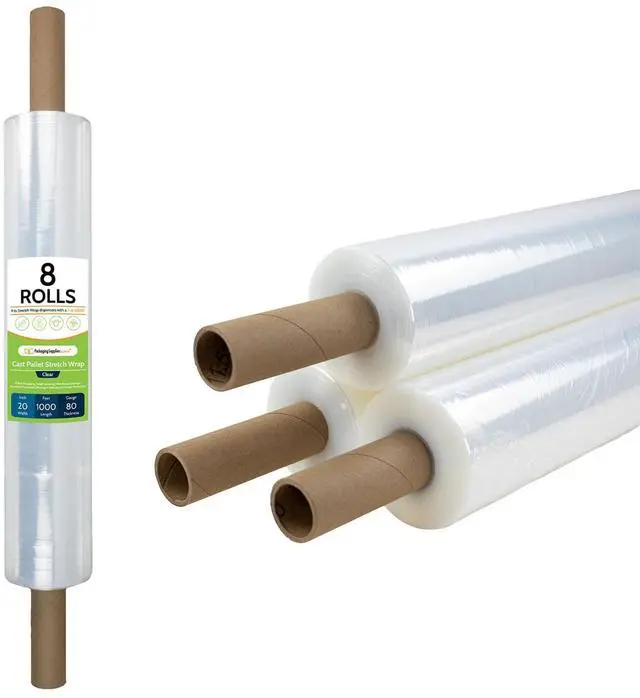 Main image of PSBM Stretch Wrap with Extended Core Handles, 8 Pack, 20 Inch x 1000 Feet, 80 Gauge, Clear, Large Plastic Film for Pallets Moving Storing