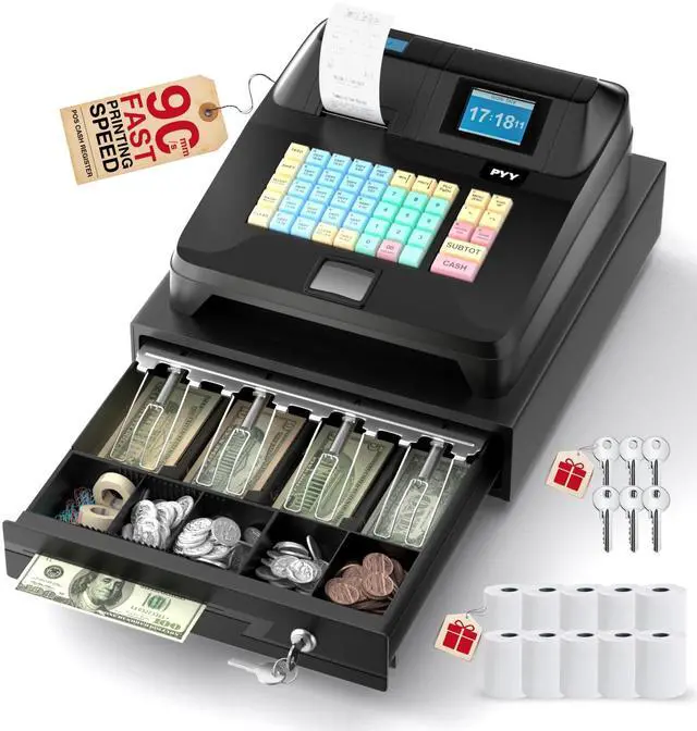 Main image of Cash Register for Small Businesses - Electronic Commercial Caja Registradora para Negocio with Locked Cash Drawer Box, 8 Digital Dual Display, Cashing System Restaurant Black