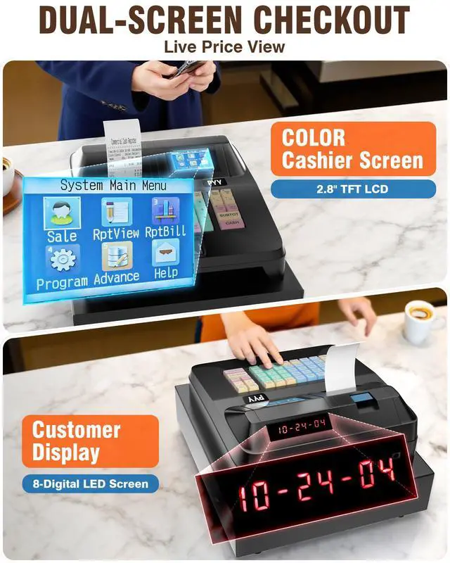 Alt view image 2 of 7 - Cash Register for Small Businesses - Electronic Commercial Caja Registradora para Negocio with Locked Cash Drawer Box, 8 Digital Dual Display, Cashing System Restaurant Black