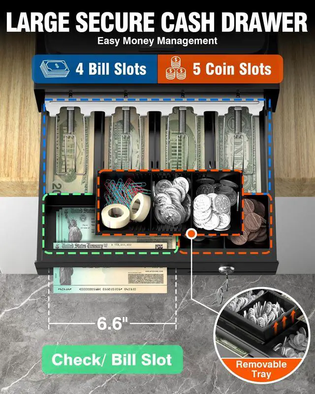 Alt view image 4 of 7 - Cash Register for Small Businesses - Electronic Commercial Caja Registradora para Negocio with Locked Cash Drawer Box, 8 Digital Dual Display, Cashing System Restaurant Black