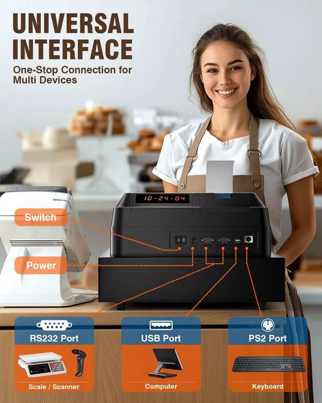 Alt view image 5 of 7 - Cash Register for Small Businesses - Electronic Commercial Caja Registradora para Negocio with Locked Cash Drawer Box, 8 Digital Dual Display, Cashing System Restaurant Black