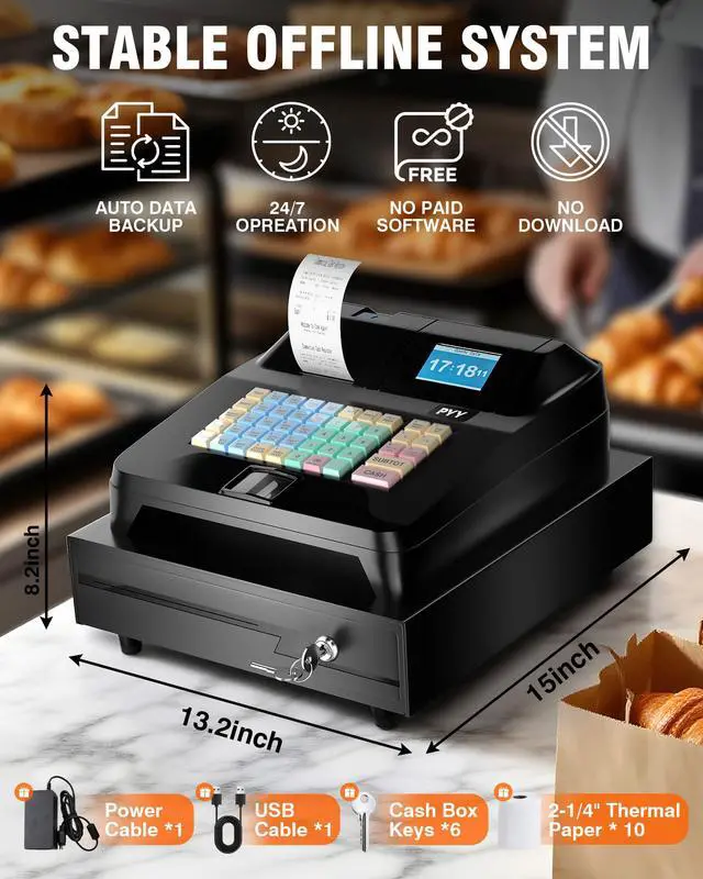 Alt view image 6 of 7 - Cash Register for Small Businesses - Electronic Commercial Caja Registradora para Negocio with Locked Cash Drawer Box, 8 Digital Dual Display, Cashing System Restaurant Black