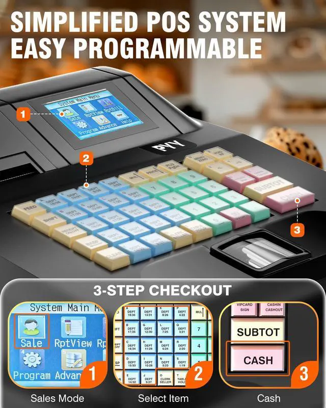 Alt view image 7 of 7 - Cash Register for Small Businesses - Electronic Commercial Caja Registradora para Negocio with Locked Cash Drawer Box, 8 Digital Dual Display, Cashing System Restaurant Black