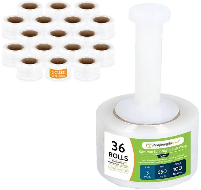 Main image of PSBM Mini Stretch Wrap with Plastic Handle, 36 Rolls 3 Inch x 650 Feet 100 Gauge Heavy Duty Clear Plastic Wrap Industrial Strength Shrink Film for Moving, Packing & Shipping