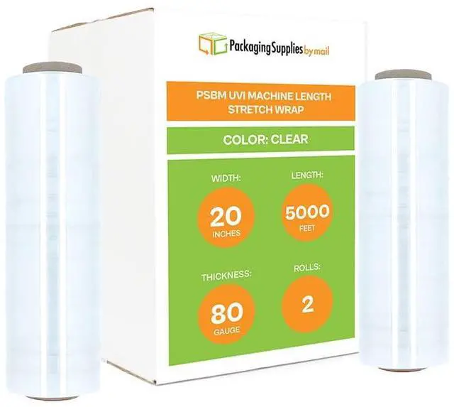 Main image of PSBM 2 Rolls 20 Inch x 5000 Feet 80 Gauge UVI Protection Machine Stretch Film/Wrap, Heavy Duty Industrial Strength Clear Shrink Plastic Wrap for Moving, Packing, Shipping, Pallet Wrapping & Storage