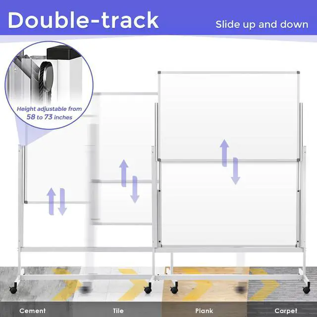 Alt view image 4 of 7 - Rolling Whiteboard 48x60 in, Double Sided Whiteboard on Wheels | 5'x4', 4-Side Whiteboard, Magnetic, Adjustable Height, Dry Erase, Large Mobile Whiteboard, Teachers & Classroom, Home, Office