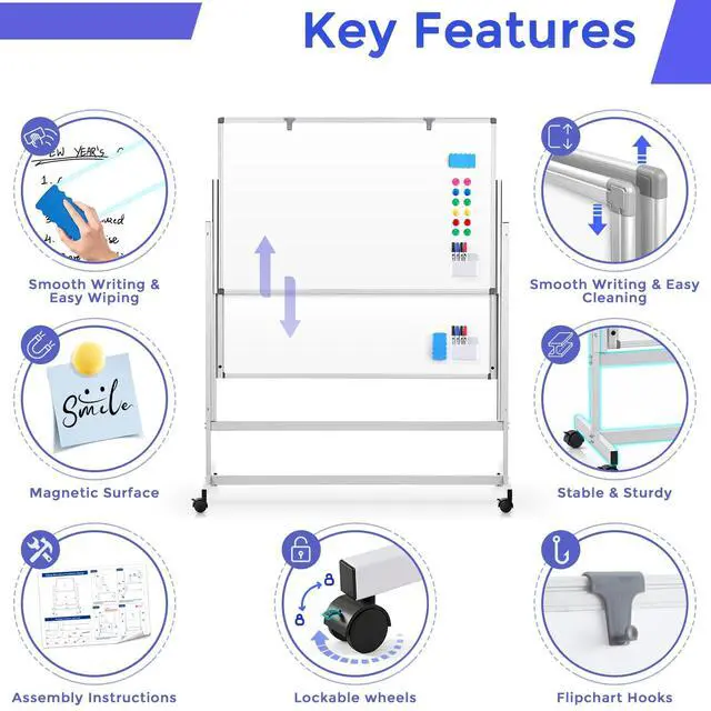 Alt view image 3 of 7 - Rolling Whiteboard 48x60 in, Double Sided Whiteboard on Wheels | 5'x4', 4-Side Whiteboard, Magnetic, Adjustable Height, Dry Erase, Large Mobile Whiteboard, Teachers & Classroom, Home, Office