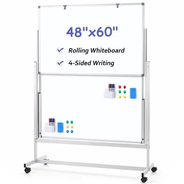Main image of Rolling Whiteboard 48x60 in, Double Sided Whiteboard on Wheels | 5'x4', 4-Side Whiteboard, Magnetic, Adjustable Height, Dry Erase, Large Mobile Whiteboard, Teachers & Classroom, Home, Office
