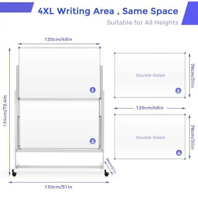 Alt view image 2 of 7 - Rolling Whiteboard 48x60 in, Double Sided Whiteboard on Wheels | 5'x4', 4-Side Whiteboard, Magnetic, Adjustable Height, Dry Erase, Large Mobile Whiteboard, Teachers & Classroom, Home, Office