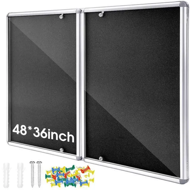 Main image of 48"x36" Lockable Enclosed Bulletin Board with Glass Door, Weather Resistant Cork Notice Board, Wall Mounted Display Case for School Office Community Outdoor, 12xA4(Black, Silver Frame)