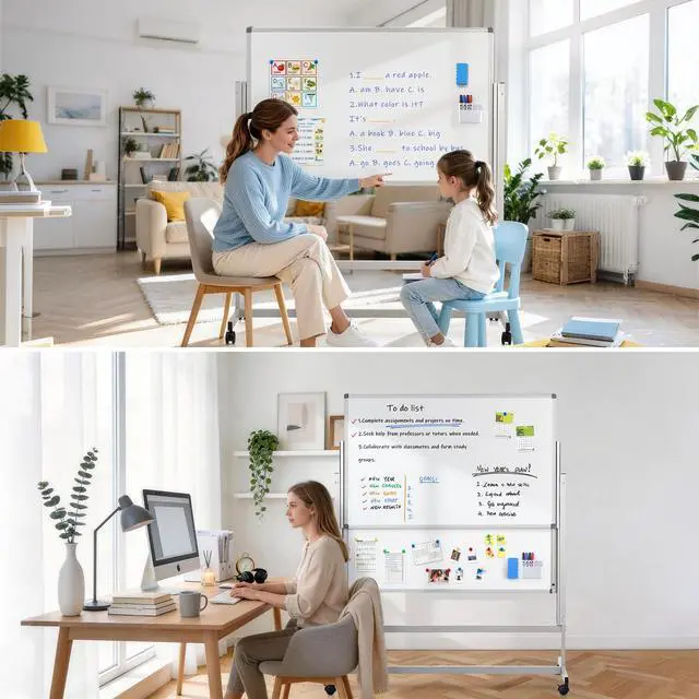 Alt view image 7 of 7 - Rolling Whiteboard 48x60 in, Double Sided Whiteboard on Wheels | 5'x4', 4-Side Whiteboard, Magnetic, Adjustable Height, Dry Erase, Large Mobile Whiteboard, Teachers & Classroom, Home, Office