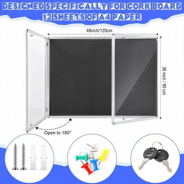 Alt view image 2 of 6 - 48"x36" Lockable Enclosed Bulletin Board with Glass Door, Weather Resistant Cork Notice Board, Wall Mounted Display Case for School Office Community Outdoor, 12xA4(Black, Silver Frame)