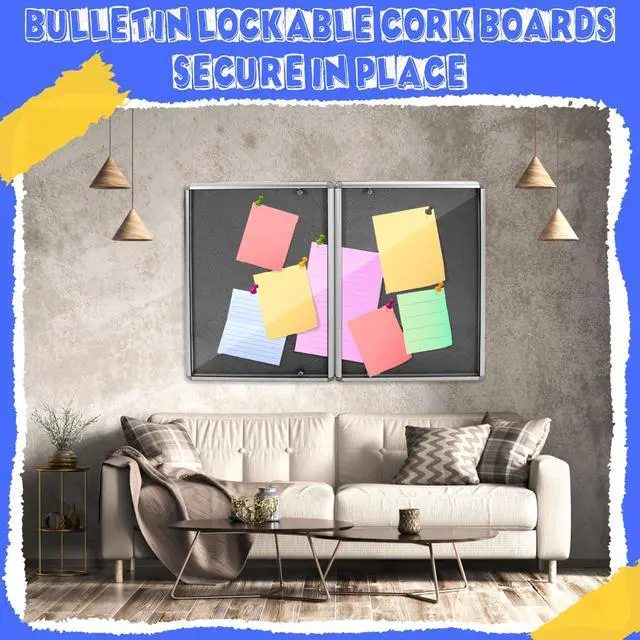 Alt view image 4 of 6 - 48"x36" Lockable Enclosed Bulletin Board with Glass Door, Weather Resistant Cork Notice Board, Wall Mounted Display Case for School Office Community Outdoor, 12xA4(Black, Silver Frame)