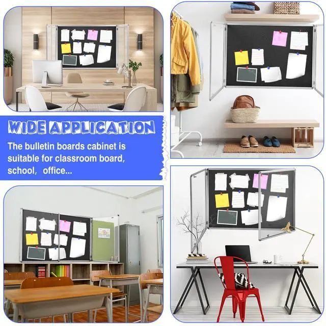 Alt view image 6 of 6 - 48"x36" Lockable Enclosed Bulletin Board with Glass Door, Weather Resistant Cork Notice Board, Wall Mounted Display Case for School Office Community Outdoor, 12xA4(Black, Silver Frame)