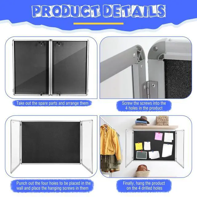 Alt view image 3 of 6 - 48"x36" Lockable Enclosed Bulletin Board with Glass Door, Weather Resistant Cork Notice Board, Wall Mounted Display Case for School Office Community Outdoor, 12xA4(Black, Silver Frame)