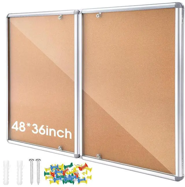 Main image of 48"x36" Lockable Enclosed Bulletin Board with Glass Door, Weather Resistant Cork Notice Board, Wall Mounted Display Case for School Office Community Outdoor, 12xA4(Brown, Silver Frame)