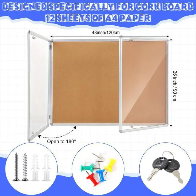 Alt view image 2 of 6 - 48"x36" Lockable Enclosed Bulletin Board with Glass Door, Weather Resistant Cork Notice Board, Wall Mounted Display Case for School Office Community Outdoor, 12xA4(Brown, Silver Frame)