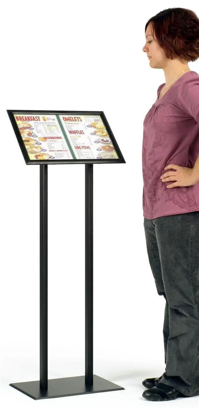 Alt view image 2 of 2 - Poster Display 16-1/2 w x 47 h x 11-3/4 d Matte Black Finish Aluminum Metal Snap Frame Sign Holder Freestanding Menu Stand Accommodates (2) 17 x 11 or (1) 8-1/2 x 11 Graphics