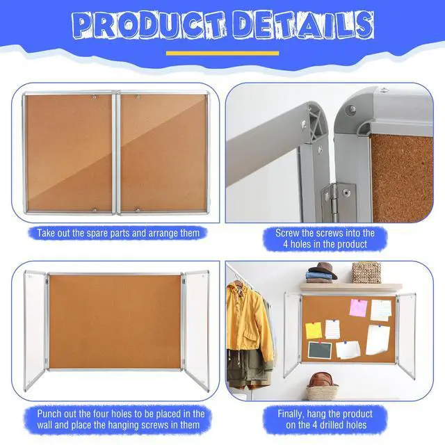 Alt view image 3 of 6 - 48"x36" Lockable Enclosed Bulletin Board with Glass Door, Weather Resistant Cork Notice Board, Wall Mounted Display Case for School Office Community Outdoor, 12xA4(Brown, Silver Frame)