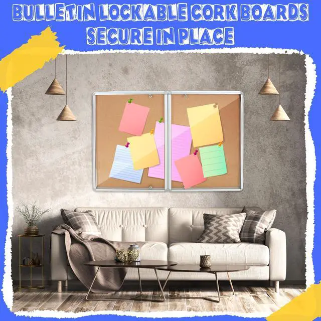 Alt view image 4 of 6 - 48"x36" Lockable Enclosed Bulletin Board with Glass Door, Weather Resistant Cork Notice Board, Wall Mounted Display Case for School Office Community Outdoor, 12xA4(Brown, Silver Frame)