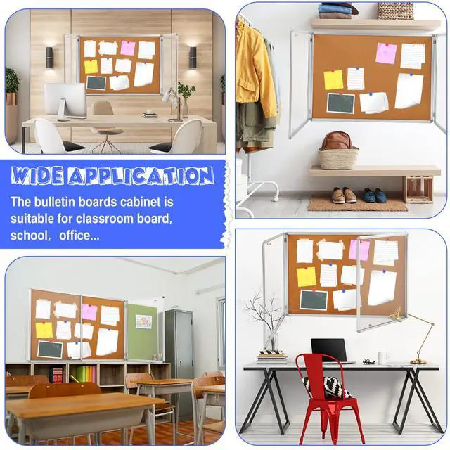 Alt view image 6 of 6 - 48"x36" Lockable Enclosed Bulletin Board with Glass Door, Weather Resistant Cork Notice Board, Wall Mounted Display Case for School Office Community Outdoor, 12xA4(Brown, Silver Frame)