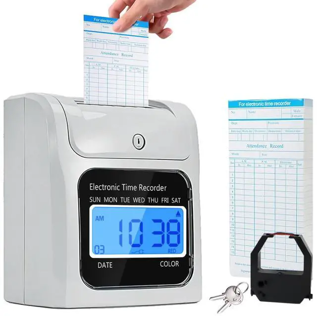 Main image of Employee Time Clocks for Small Business, Auto-Align Time Clock Punch Machine with 50-Piece Time Cards, Two Security Keys, and One Ink Ribbon Cartridge