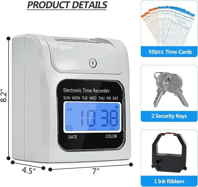 Alt view image 4 of 6 - Employee Time Clocks for Small Business, Auto-Align Time Clock Punch Machine with 50-Piece Time Cards, Two Security Keys, and One Ink Ribbon Cartridge