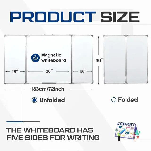 Alt view image 2 of 6 - 72 x 40 Foldable Whiteboard Dry Erase Board Large Tri Folding Whiteboard Magnetic Dry Erase Board, Wall Aluminium Frame and Pen Tray for Office, Home