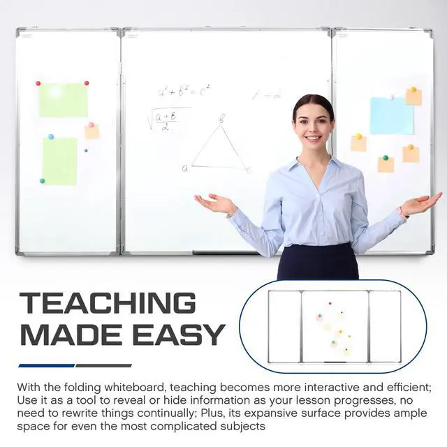 Alt view image 4 of 6 - 72 x 40 Foldable Whiteboard Dry Erase Board Large Tri Folding Whiteboard Magnetic Dry Erase Board, Wall Aluminium Frame and Pen Tray for Office, Home