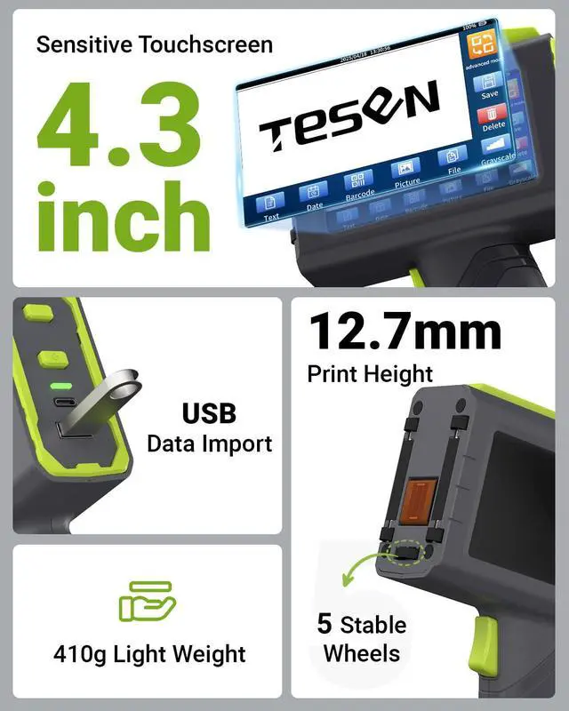 Alt view image 3 of 7 - New Upgrade Handheld Inkjet Printer with 1/2 Inch (12.7mm) Printhead for Date Time Logo Batch Number QR Code Quick Drying Printing on Plastic Wood Carboard Metal Glass and More (Green)