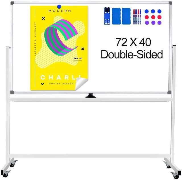 Main image of Large Rolling Whiteboard on Wheels 72 X 40, Double-Sided Mobile Dry Erase Board with Stand Magnetic White Board on Wheels, Portable Standing Whiteboard with 3 Eraser, 6 Markers, 10 Magnets