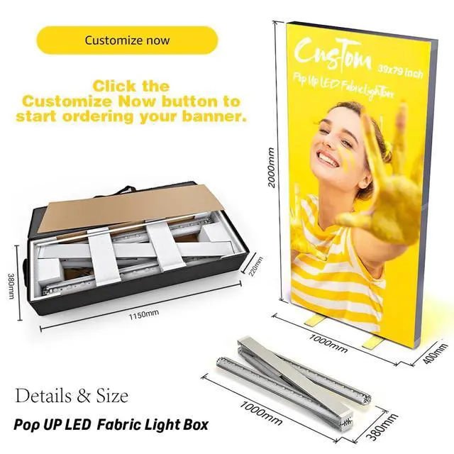 Alt view image 2 of 7 - Custom LED Pop Up Display Trade Show Backdrop with Stand | 40x80 Inch Instant Folding SEG Pop Up Lightbox Backlit Display with Fabric Print Customized Tension Fabric Banner