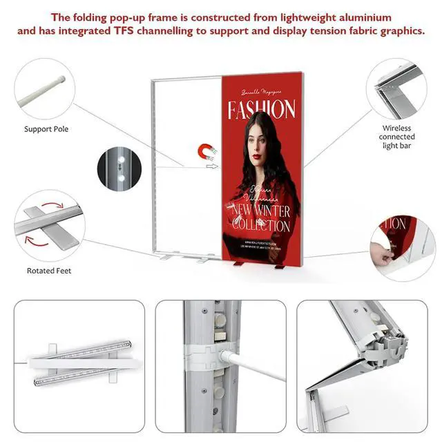 Alt view image 3 of 7 - Custom LED Pop Up Display Trade Show Backdrop with Stand | 40x80 Inch Instant Folding SEG Pop Up Lightbox Backlit Display with Fabric Print Customized Tension Fabric Banner