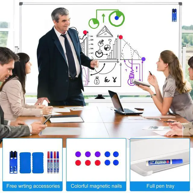 Alt view image 5 of 7 - Large Rolling Whiteboard on Wheels 72 X 40, Double-Sided Mobile Dry Erase Board with Stand Magnetic White Board on Wheels, Portable Standing Whiteboard with 3 Eraser, 6 Markers, 10 Magnets