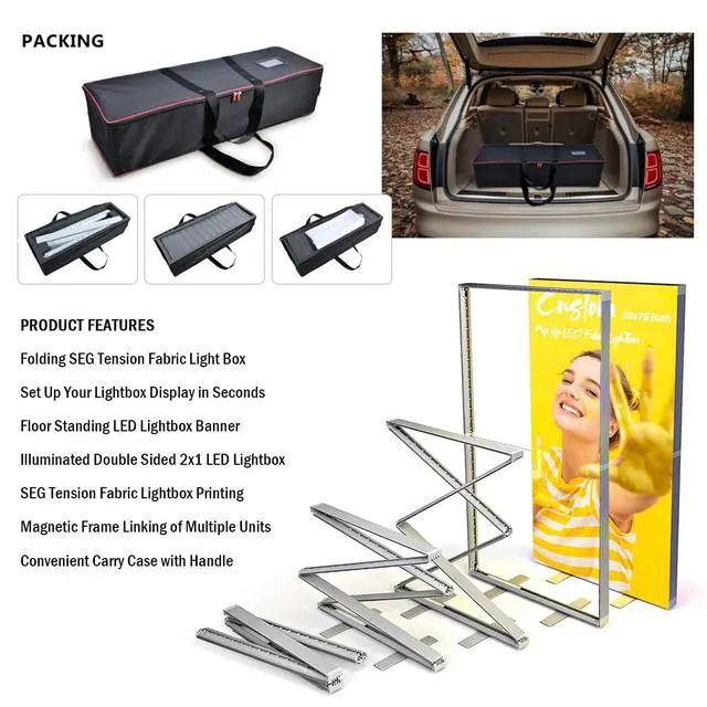 Alt view image 6 of 7 - Custom LED Pop Up Display Trade Show Backdrop with Stand | 40x80 Inch Instant Folding SEG Pop Up Lightbox Backlit Display with Fabric Print Customized Tension Fabric Banner