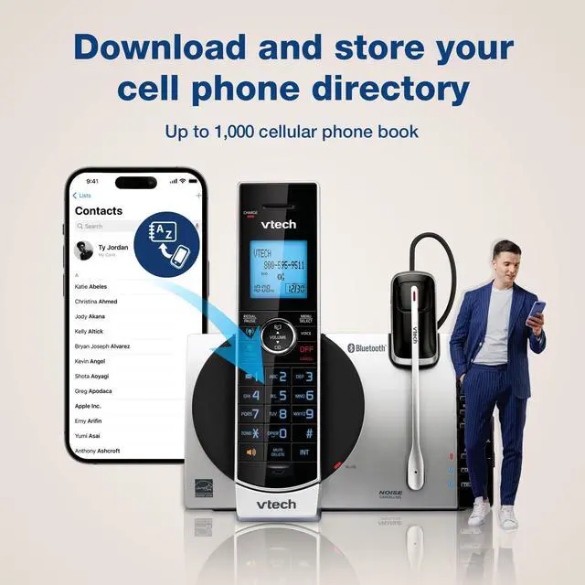 Alt view image 2 of 7 - Cordless Phone with Answering Machine with DECT 6.0 Headset, Bluetooth, Connect to Cell, Caller ID/Call Waiting, Handset Intercom,1,000 Name & Number Phonebook -DS6771-2 Silver/Black
