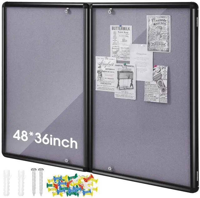 Main image of 48"x36" Lockable Enclosed Bulletin Board with Glass Door, Weather Resistant Cork Notice Board, Wall Mounted Display Case for School Office Community Outdoor, 12xA4(Gray, Black Frame)