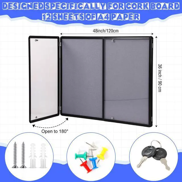 Alt view image 2 of 7 - 48"x36" Lockable Enclosed Bulletin Board with Glass Door, Weather Resistant Cork Notice Board, Wall Mounted Display Case for School Office Community Outdoor, 12xA4(Gray, Black Frame)