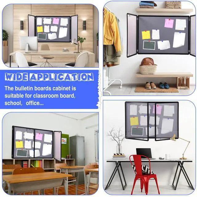 Alt view image 5 of 7 - 48"x36" Lockable Enclosed Bulletin Board with Glass Door, Weather Resistant Cork Notice Board, Wall Mounted Display Case for School Office Community Outdoor, 12xA4(Gray, Black Frame)